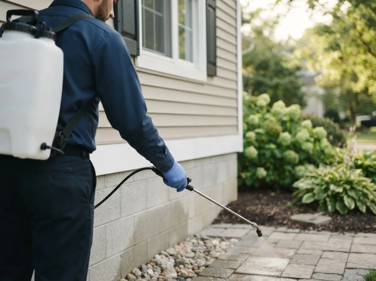 Pest control technician inspecting a home in Custer, WI